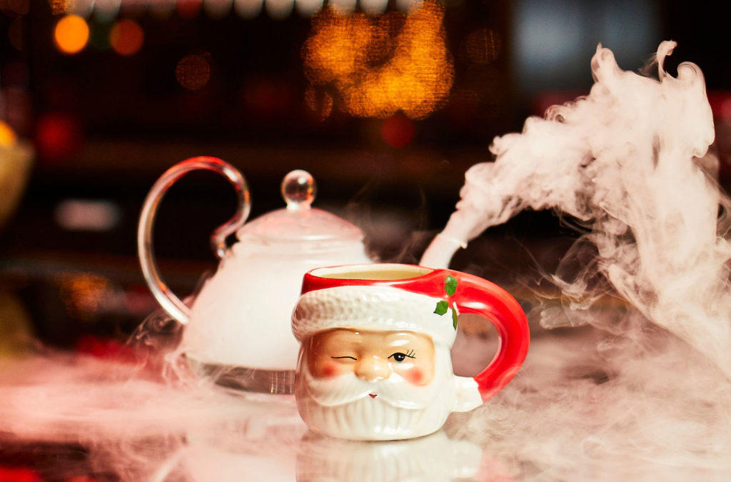 Santa mug with steam behind it